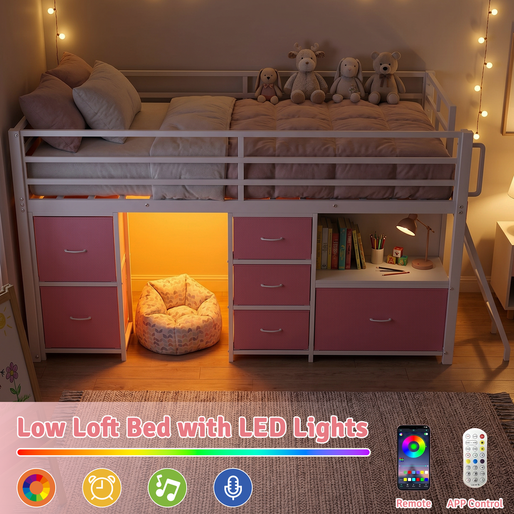 Kdymod Full Loft Bed with 6 Storage Drawers & Shelf, Loft Bed with LED Lights & Play Curtain, Metal Loft Bed Frame with Ladder & Safety Guardrail, Pink