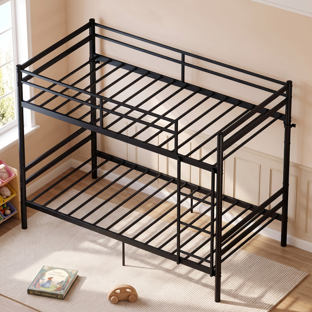 Kdymod Twin over Twin Metal Bunk Bed with Convertible 2-in-1 Design, Metal Bunk Bed Frame with Ladder & Safety Guardrail, Space-Saving for Teens and Adults, Black