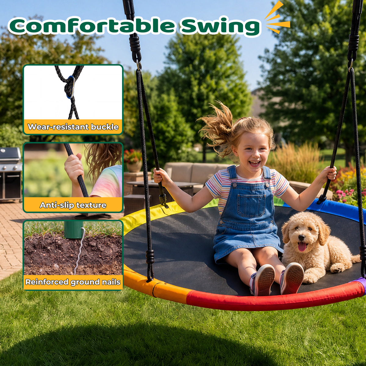Mersco 60" Saucer Swing with Stand for Adults & Kids, Extra-Large Detachable Round Swing, 440 lbs Heavy-Duty A-Frame for Small Backyards & Camping,Green