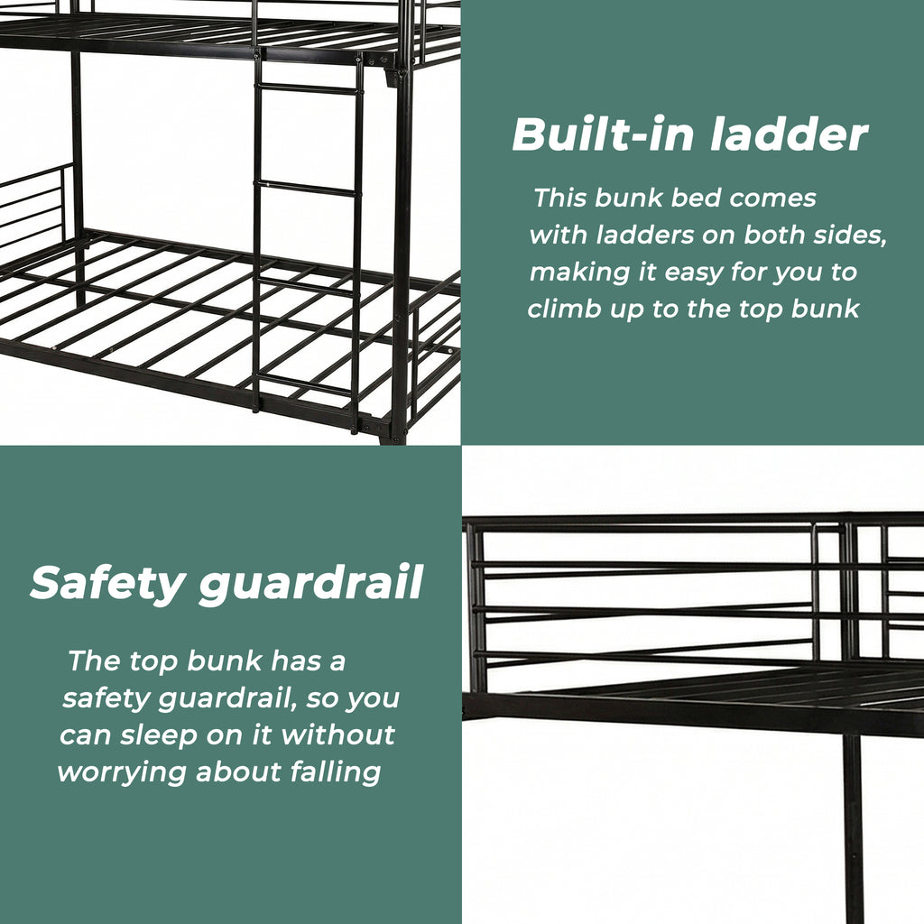 Uiowio Twin over Twin Metal Bunk Bed with Built-in Ladder & Safety Guardrail, Space-Saving Bunk Beds Frame with Storage for Bedroom & Dorm Room, Black