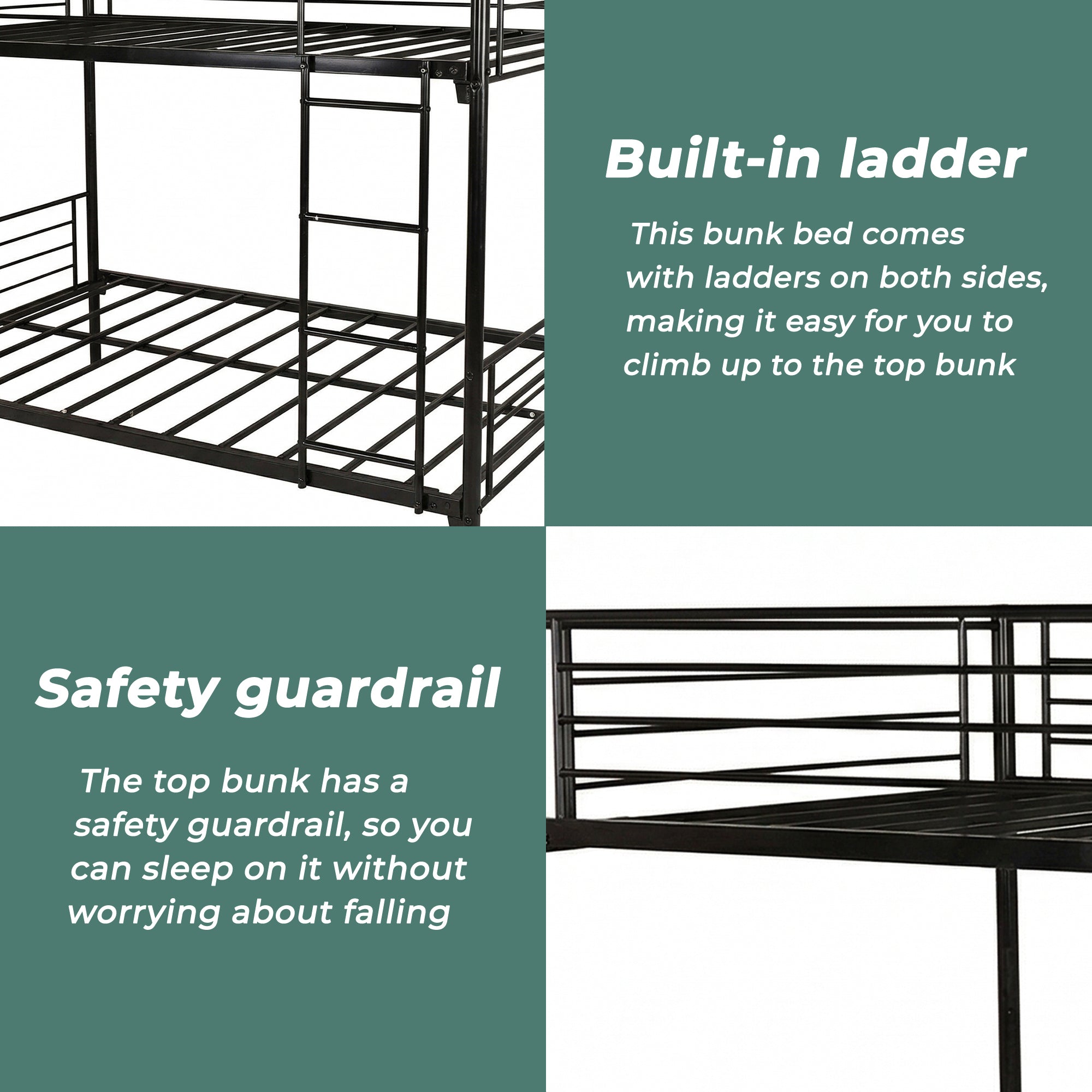 Uiowio Twin over Twin Metal Bunk Bed with Built-in Ladder & Safety Guardrail, Space-Saving Bunk Beds Frame with Storage for Bedroom & Dorm Room, Black