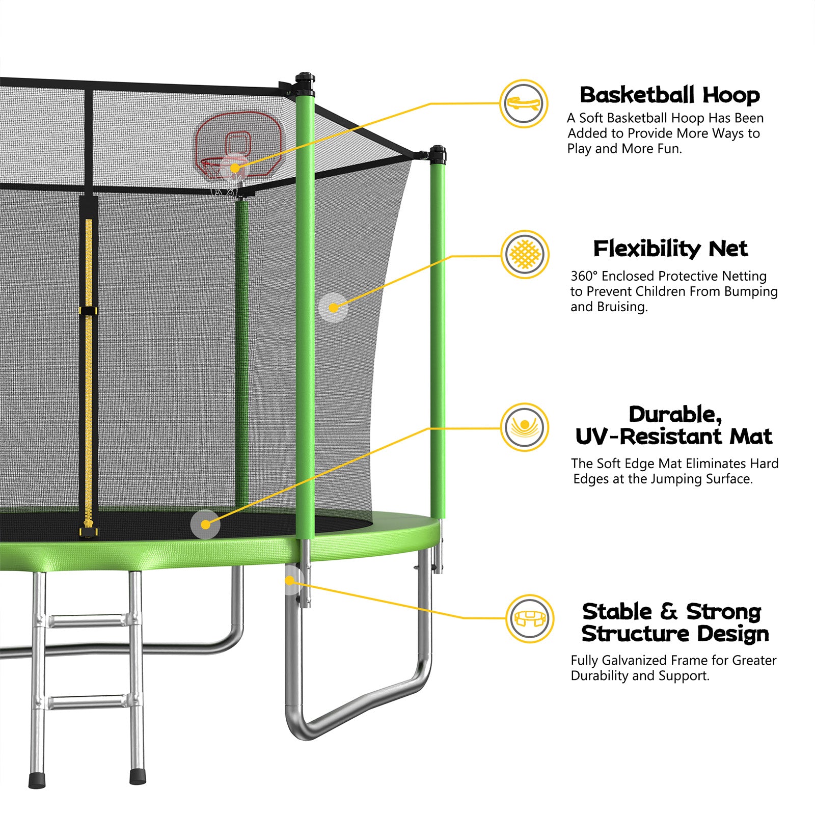 Mersco 10ft Trampoline for Kids,Outdoor Trampoline with Enclosure,Basketball Hoop and Ladder,Upright-Poled Backyard Trampoline PLAY for Family Fun,Birthday Gifts,Green