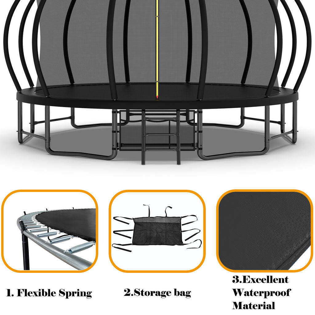 Mersco 16ft Trampoline for Kids Adults, Outdoor Pumpkin Trampoline with Enclosure Net, Basketball Hoop and Storage Bag,Black