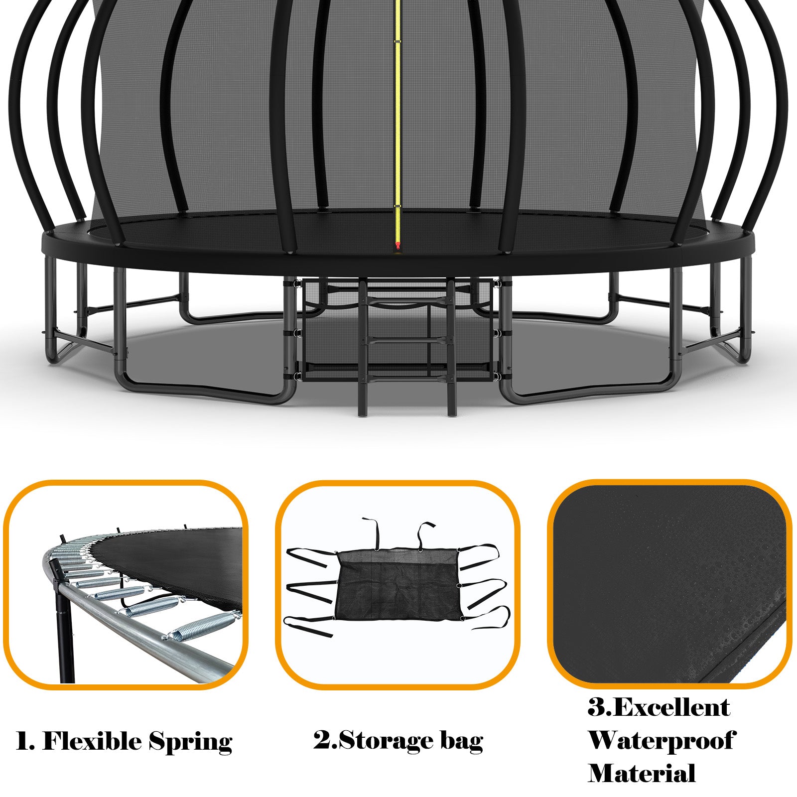 Mersco 16ft Trampoline for Kids Adults, Outdoor Pumpkin Trampoline with Enclosure Net, Basketball Hoop and Storage Bag,Black
