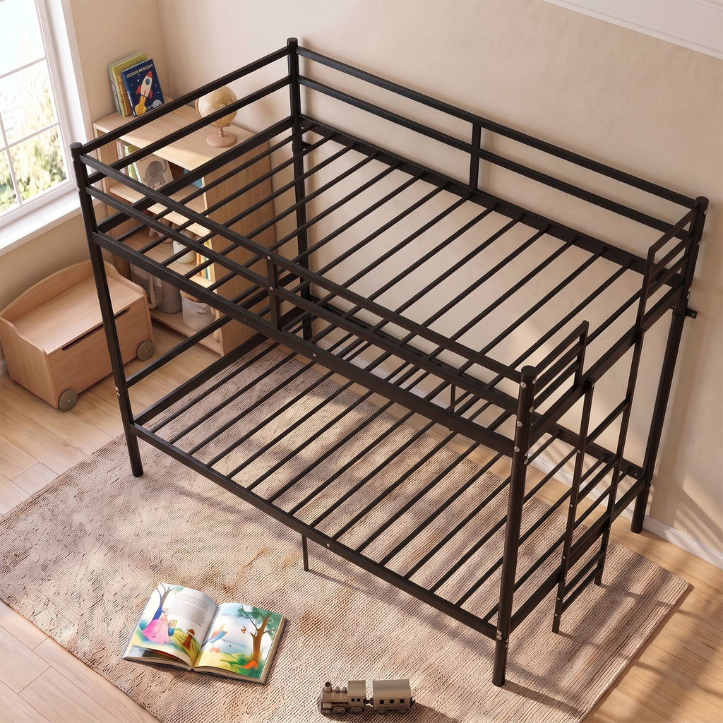 Kdymod Twin over Twin Metal Bunk Bed with Storage, Ladder & Safety Guardrail, Space-Saving Heavy Duty Bed Frame for Adults & Teens, No Box Spring Needed, Black