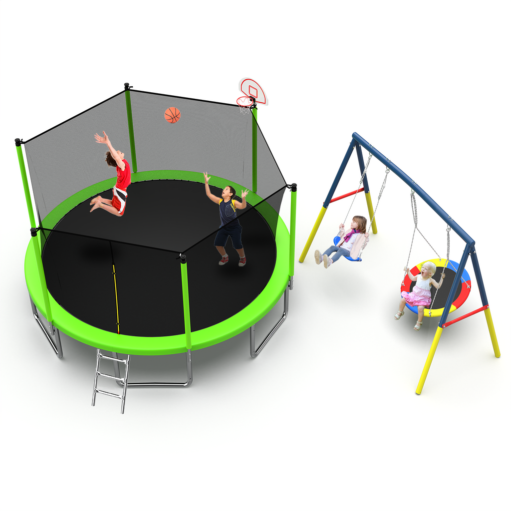 Mersco 14FT Heavy Duty Trampoline with Enclosure Net ,Swing Set Outdoor Big Trampoline for Backyard,Kids Trampoline with Basketball Hoop,Birthday and Holiday Gifts for Kids,Green