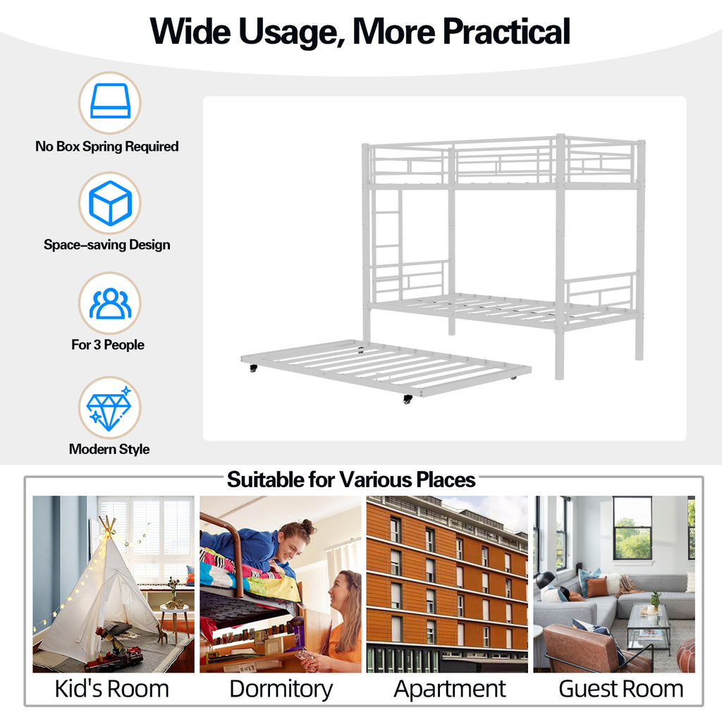 Kdymod Triple Bunk Bed Twin over Twin with Twin Trundle, Bunk Bed with Convertible 2-in-1 Design, Metal Bunk Bed Frame with Ladder & Safety Guardrail, Space-Saving for Teens and Adults, White