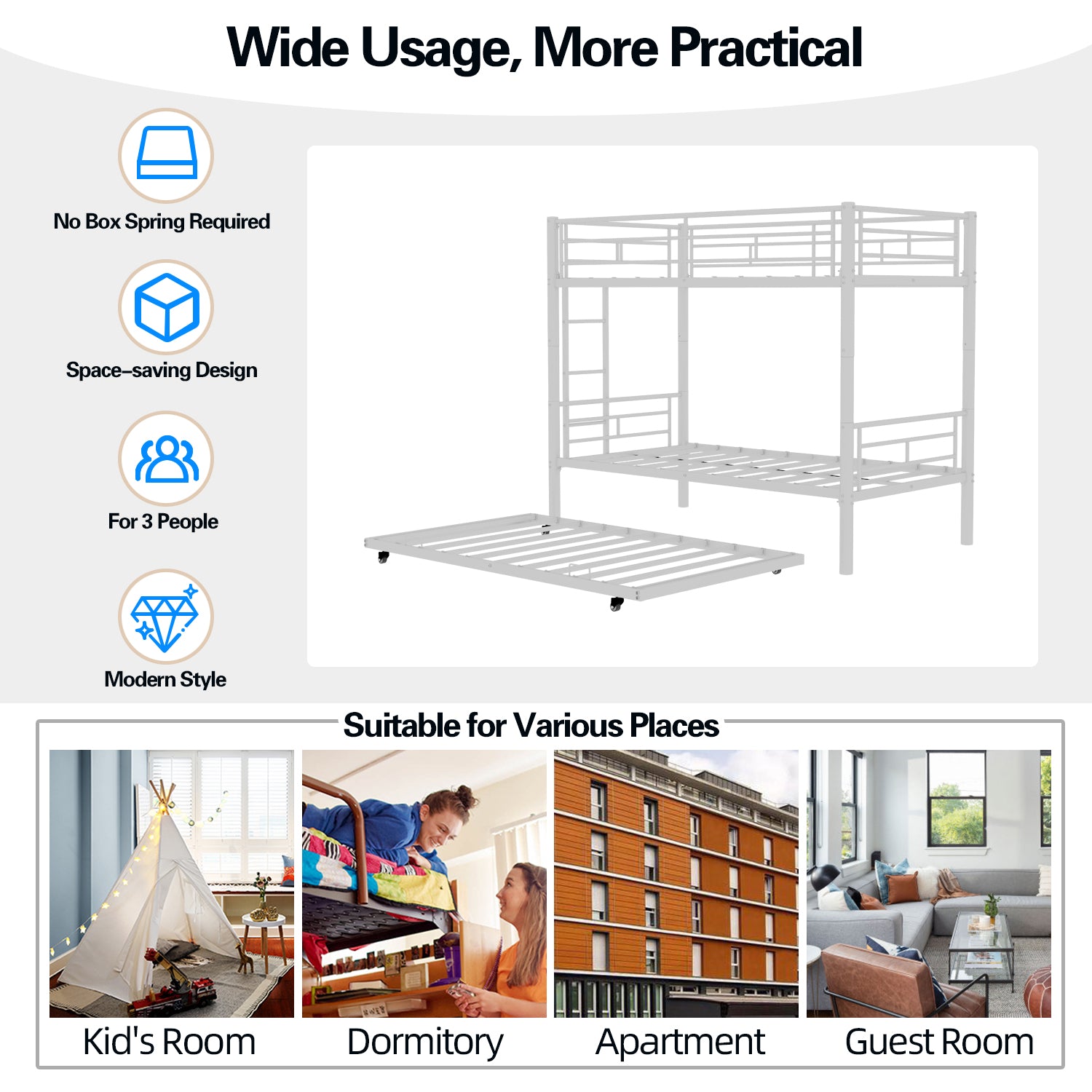 Kdymod Triple Bunk Bed Twin over Twin with Twin Trundle, Bunk Bed with Convertible 2-in-1 Design, Metal Bunk Bed Frame with Ladder & Safety Guardrail, Space-Saving for Teens and Adults, White