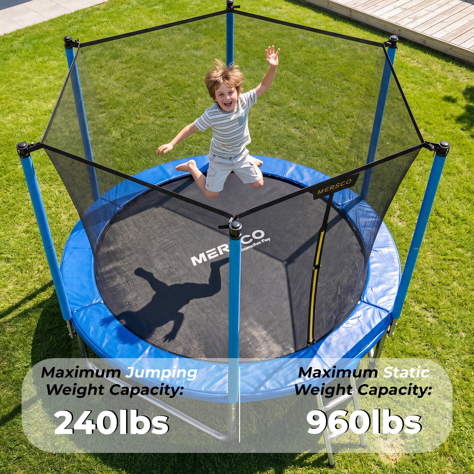 Mersco 10ft Trampoline for Kids,Outdoor Trampoline with Enclosure Net and Ladder,Upright-Poled Backyard Trampoline PLAY for Family Fun,Jumping Trampoline fo Birthday Gifts,Blue