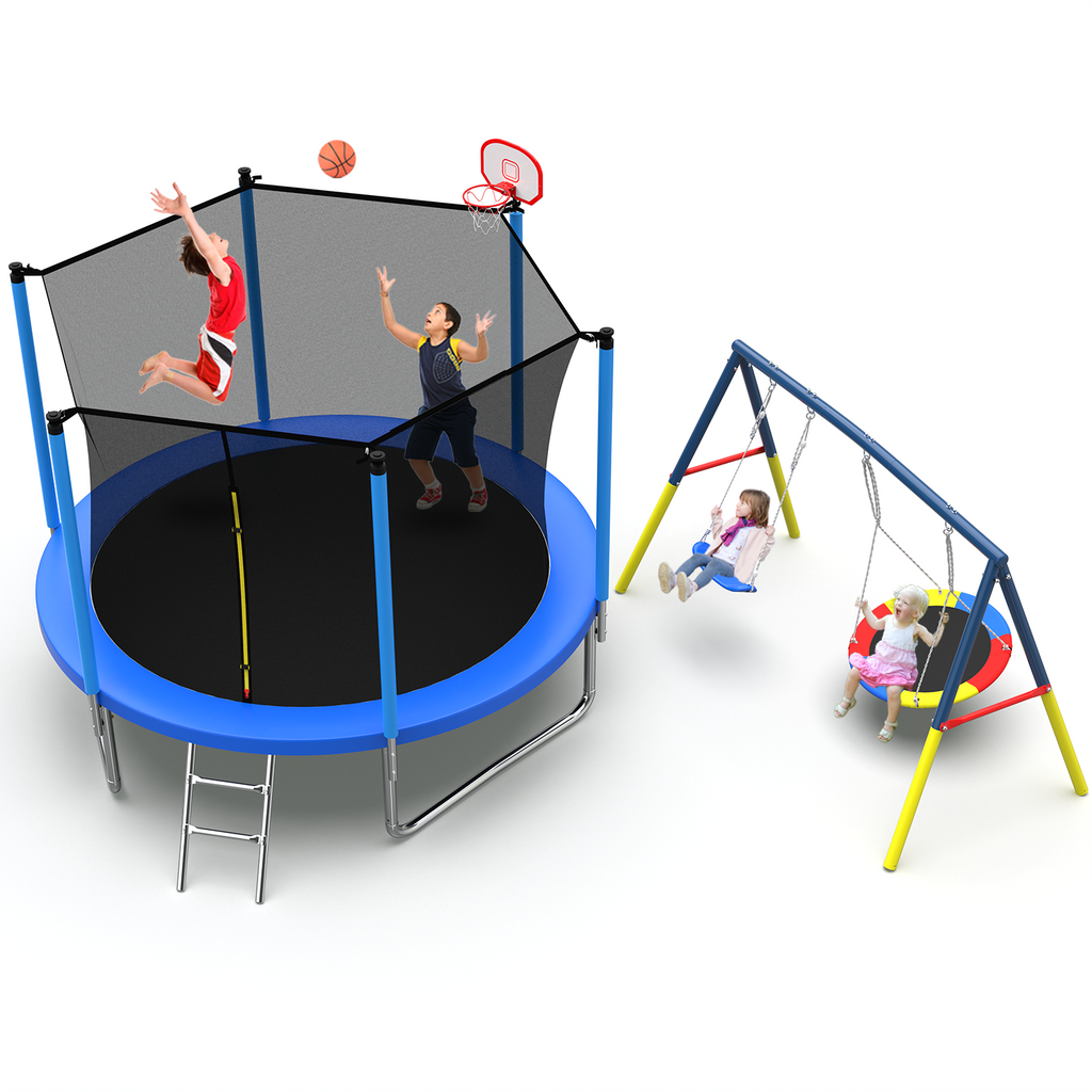 Mersco 10FT Heavy Duty Trampoline with Enclosure Net , Swing Set Outdoor Big Trampoline for Backyard,Kids Trampoline with Basketball Hoop,Birthday and Holiday Gifts for Kids,Blue