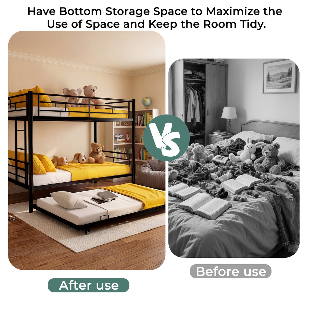 Kdymod Triple Bunk Bed Twin over Twin with Trundle, Includes 3 Twin Size 6" Green Tea Memory Foam Mattresses, Convertible Metal Frame with Ladder and Guardrail, for Teens and Adults, Black