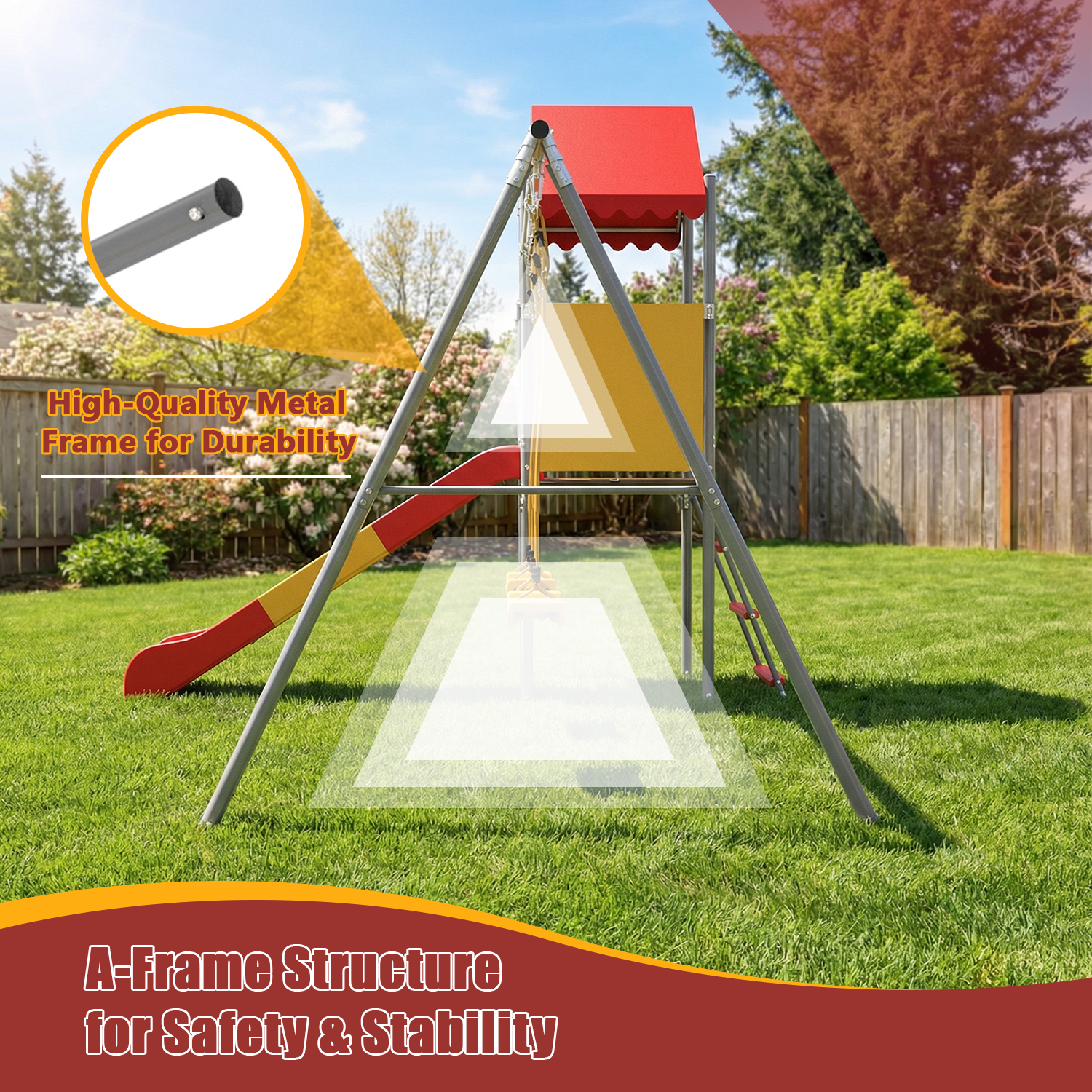 Mersco Metal Treehouse Swing Set with Slide,Heavy Duty Swing A-Frame Stand with 2 Belt Swings,Treehouse Slide with UV Resistant Canopy and Ladder,Outdoor Playset Slide Swing Set for Backyard