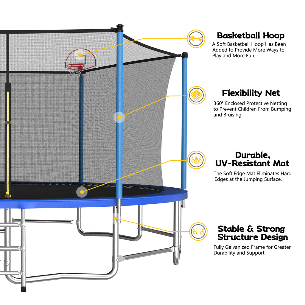 Mersco 16ft Trampoline for Kids and Adults,Outdoor Trampoline with Enclosure,Basketball Hoop and Ladder,Upright-Poled Backyard Trampoline,Jumping Trampoline PLAY for Boys and Girls Birthday Gift,Blue