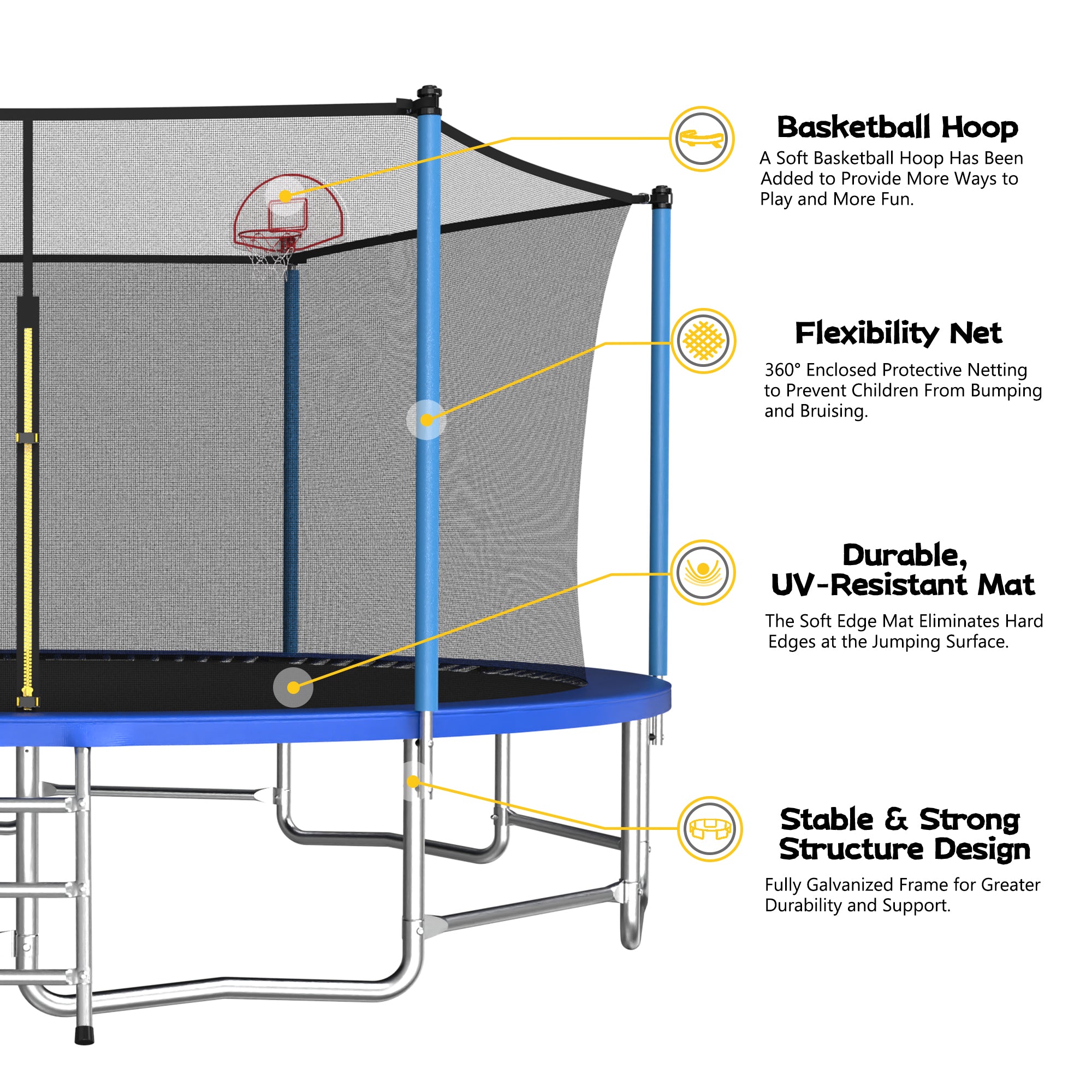 Mersco 16ft Trampoline for Kids and Adults,Outdoor Trampoline with Enclosure,Basketball Hoop and Ladder,Upright-Poled Backyard Trampoline,Jumping Trampoline PLAY for Boys and Girls Birthday Gift,Blue