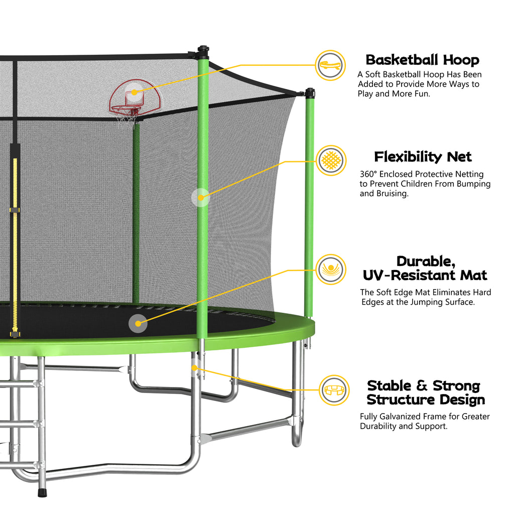 Mersco 16ft Trampoline for Kids and Adults,Outdoor Trampoline with Enclosure,Basketball Hoop and Ladder,Upright-Poled Backyard Trampoline,Jumping Trampoline PLAY for Boys and Girl Birthday Gift,Green