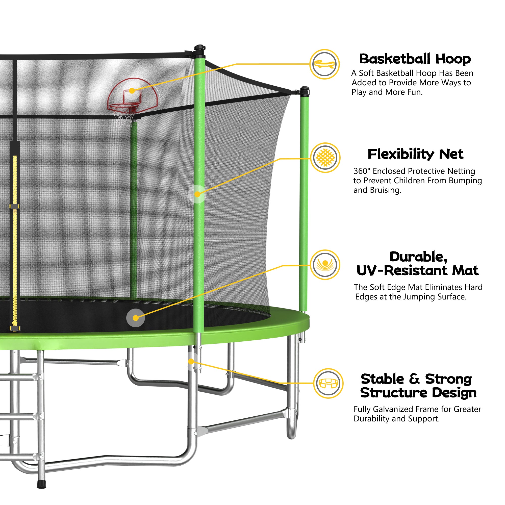 Mersco 16ft Trampoline for Kids and Adults,Outdoor Trampoline with Enclosure,Basketball Hoop and Ladder,Upright-Poled Backyard Trampoline,Jumping Trampoline PLAY for Boys and Girl Birthday Gift,Green