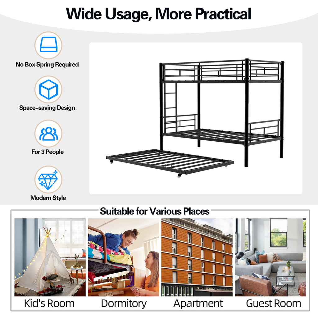 Kdymod Triple Bunk Bed Twin over Twin with Twin Trundle, Bunk Bed with Convertible 2-in-1 Design, Metal Bunk Bed Frame with Ladder & Safety Guardrail, Space-Saving for Teens and Adults, Black