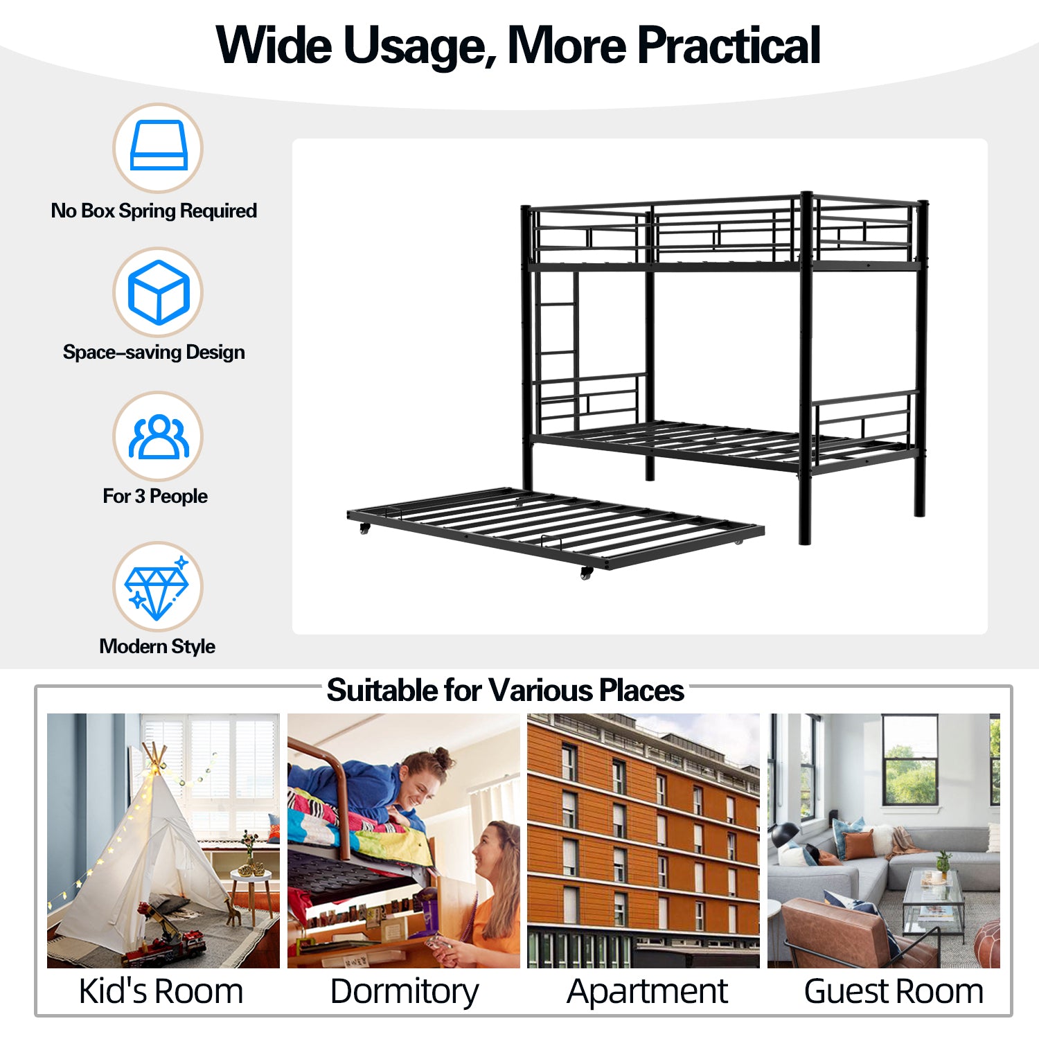 Kdymod Triple Bunk Bed Twin over Twin with Twin Trundle, Bunk Bed with Convertible 2-in-1 Design, Metal Bunk Bed Frame with Ladder & Safety Guardrail, Space-Saving for Teens and Adults, Black