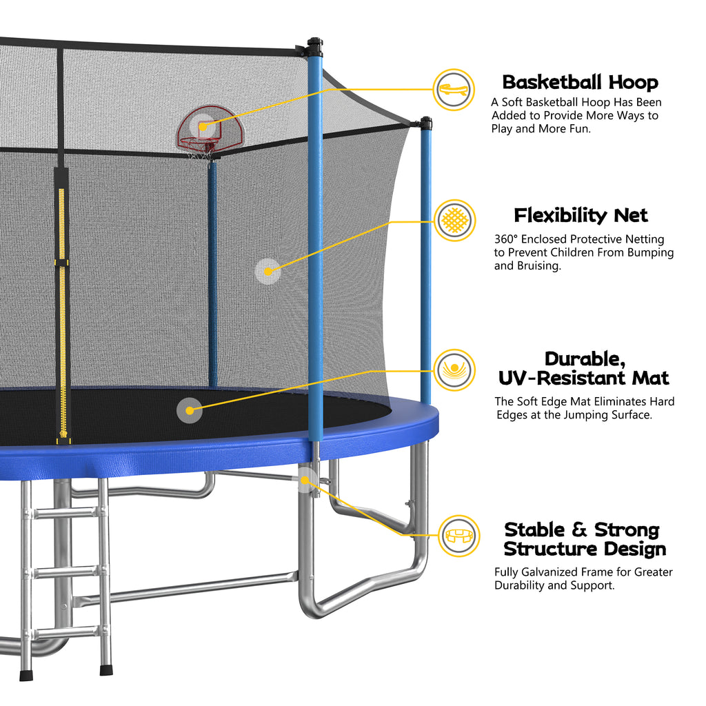 Mersco 15ft Trampoline for Kids Adults,Outdoor Upright-Poled Trampoline with Enclosure,Basketball Hoop and Ladder,Jumping Trampoline PLAY for Boys and Girls Birthday Gift ,Blue