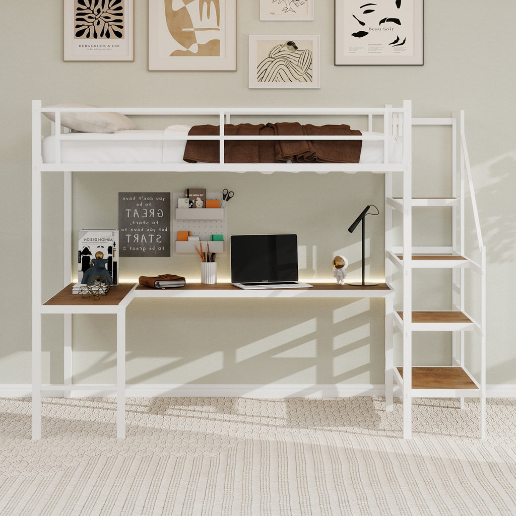 Uiowio Twin Loft Bed with L-Shaped Desk & Large Storage, Space-Saving Loft Bed Frame with Stairs & Continuous Guard Railing, White