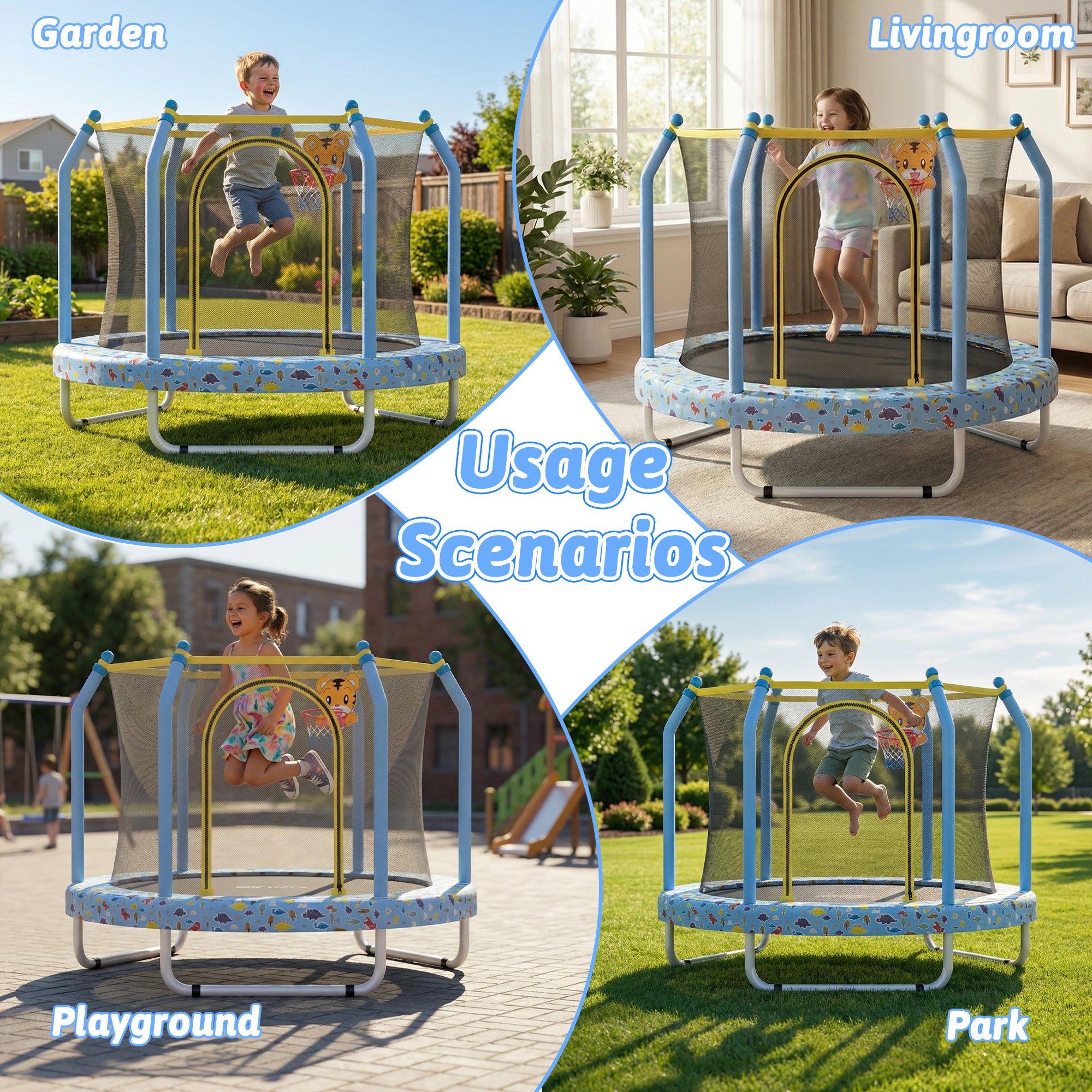 Mersco 55 inch Toddler Trampoline for Kids, Mini Trampoline with Enclosure Net and Ball ,Indoor Outdoor Small Kids Trampoline Birthday Gifts for Boys and Girls, Print