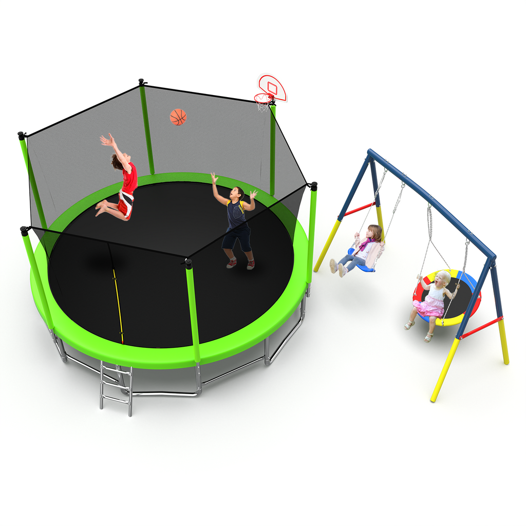 Mersco 15FT Heavy Duty Trampoline with Enclosure Net , Swing Set Outdoor Big Trampoline for Backyard,Kids Trampoline with Basketball Hoop,Birthday and Holiday Gifts for Kids,Green