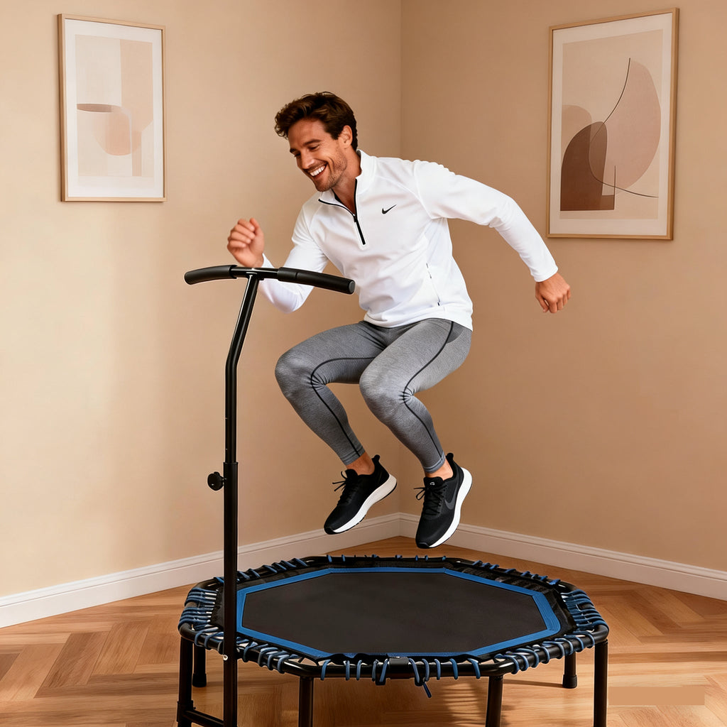 Mersco 48'' Foldable Fitness Trampoline With Adjustable Handlebar for Adults, 450LBS Indoor Sports Trampoline With Durable Bungee Ropes,Quiet Exercise Rebounder for Cardio and Strength Training ,Blue