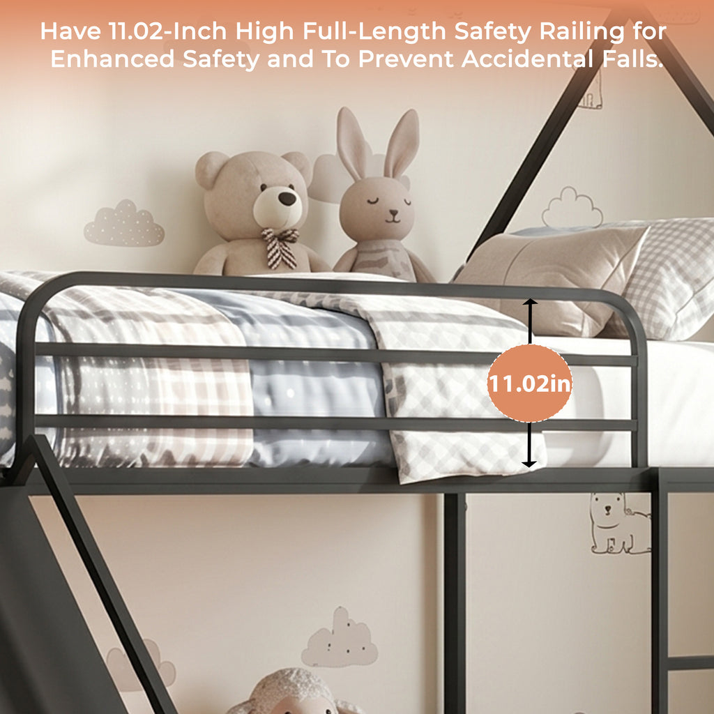 Uiowio Twin over Twin Bunk Bed with Stairs, Floor Bunk Bed Frame with Convertible Slide, Heavy Duty Metal Low Bed with House Shape and Roof, Black