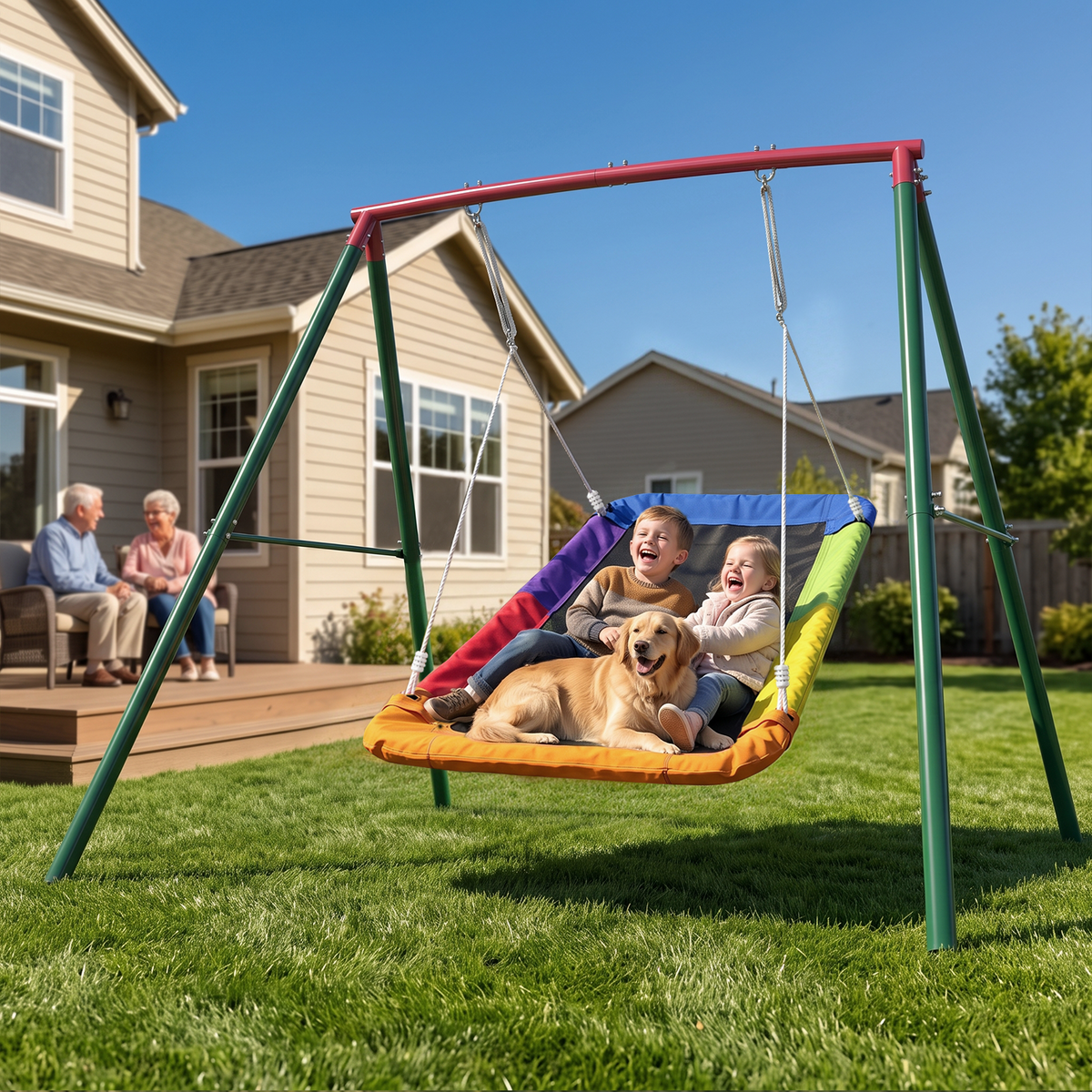 Kdymod 60 Inch Rectangular Platform Swing Set, PP + 900D Oxford Cushion, Metal A-Frame Swing for Backyard, 440 Lbs Capacity, Adjustable Ropes & Ground Nails, Green