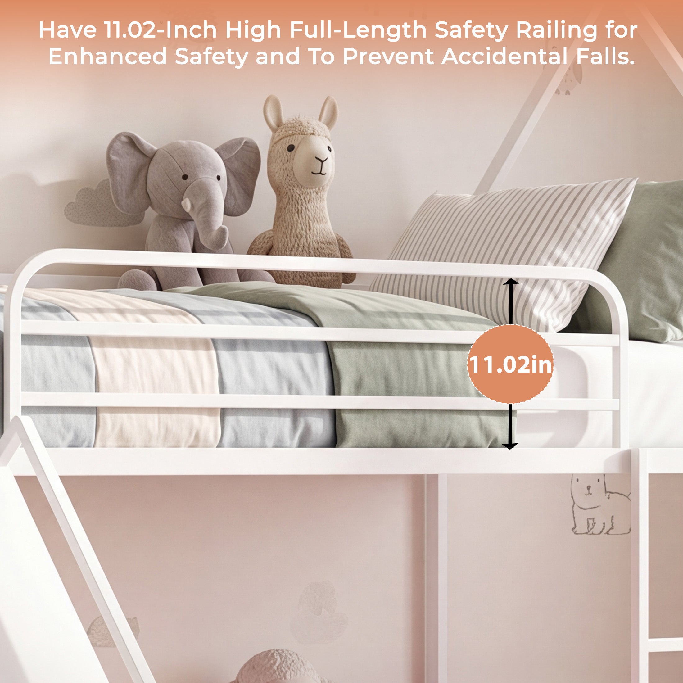 Uiowio Twin over Twin Bunk Bed with Stairs, Floor Bunk Bed Frame with Convertible Slide, Heavy Duty Metal Low Bed with House Shape and Roof, White