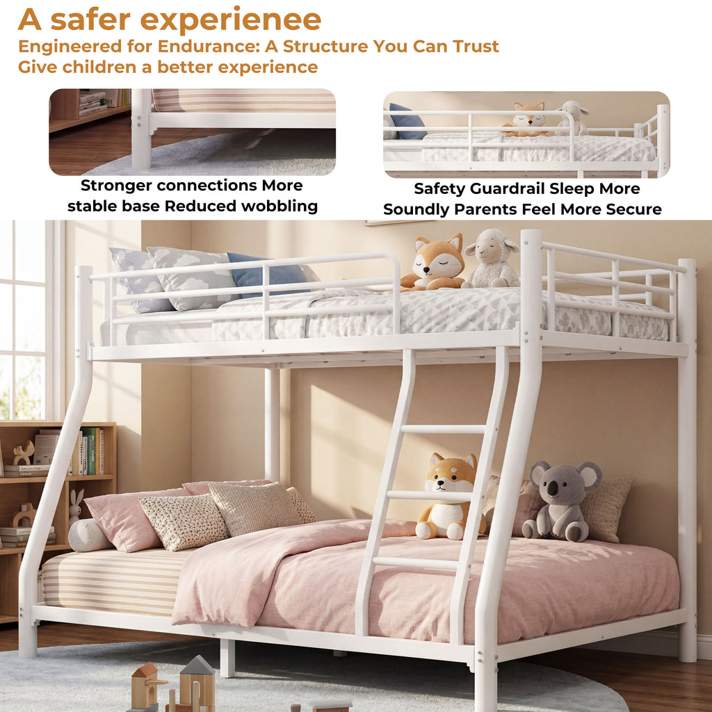 Kdymod Twin over Full Metal Low Bunk Bed with Stairs & Safety Guardrail, Includes 2 6" Memory Foam Mattresses, Space-Saving Heavy Duty Bed Frame for Adults & Teens, White