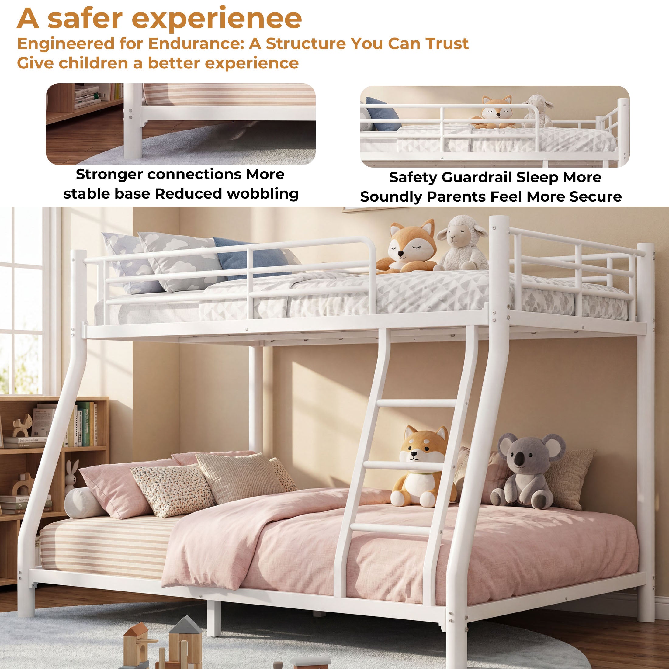 Kdymod Twin over Full Metal Low Bunk Bed with Stairs & Safety Guardrail, Includes 2 6" Memory Foam Mattresses, Space-Saving Heavy Duty Bed Frame for Adults & Teens, White