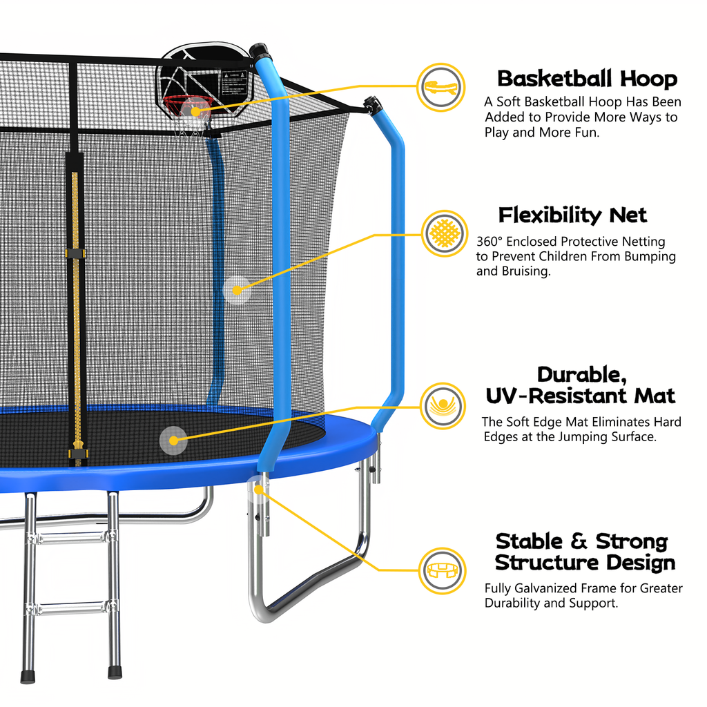 Mersco 8ft Trampoline for Kids and Adults,No-Gap Design Outdoor Trampoline with Basketball Hoop,Enclosure Net and Ladder,Jumping Trampoline SUPER for Boys and Girls Birthday Gift,Blue