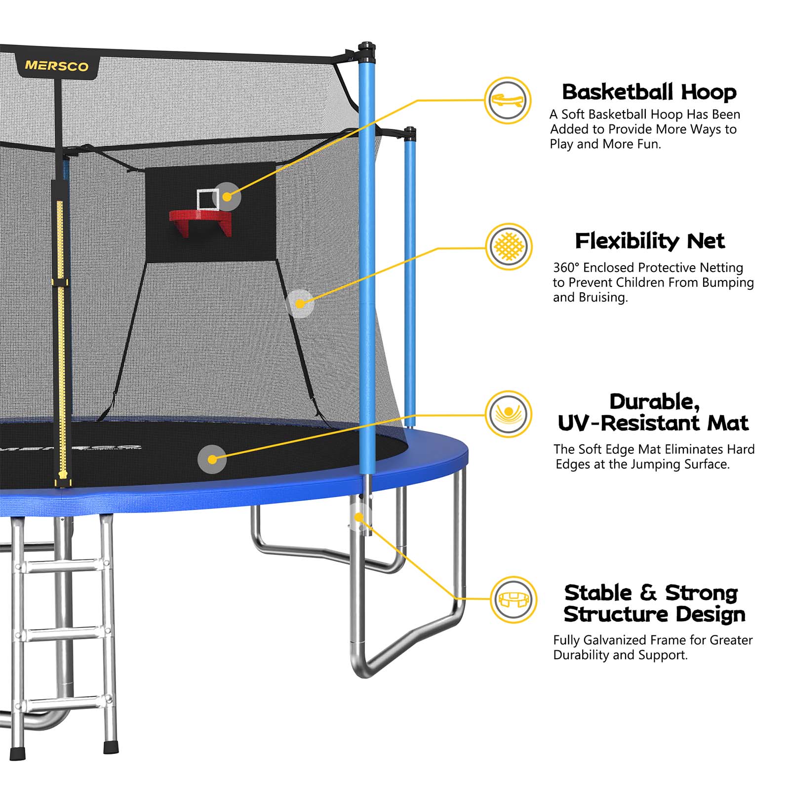 Mersco 14ft Trampoline Upgraded for Kids and Adults, Backyard Trampoline with Basketball Hoop and Enclosure Net,Jumping Trampoline PLAY for Boys and Girls Birthday Gift, Blue