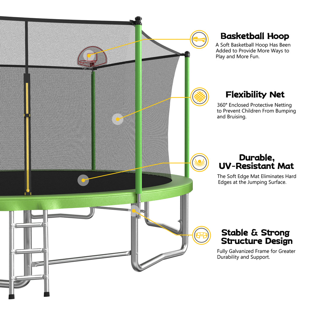 Mersco 15ft Trampoline for Kids and Adults,Outdoor Trampoline with Enclosure,Basketball Hoop and Ladder,Upright-Poled Backyard Trampoline,Jumping Trampoline PLAY for Boys and Girl Birthday Gift,Green