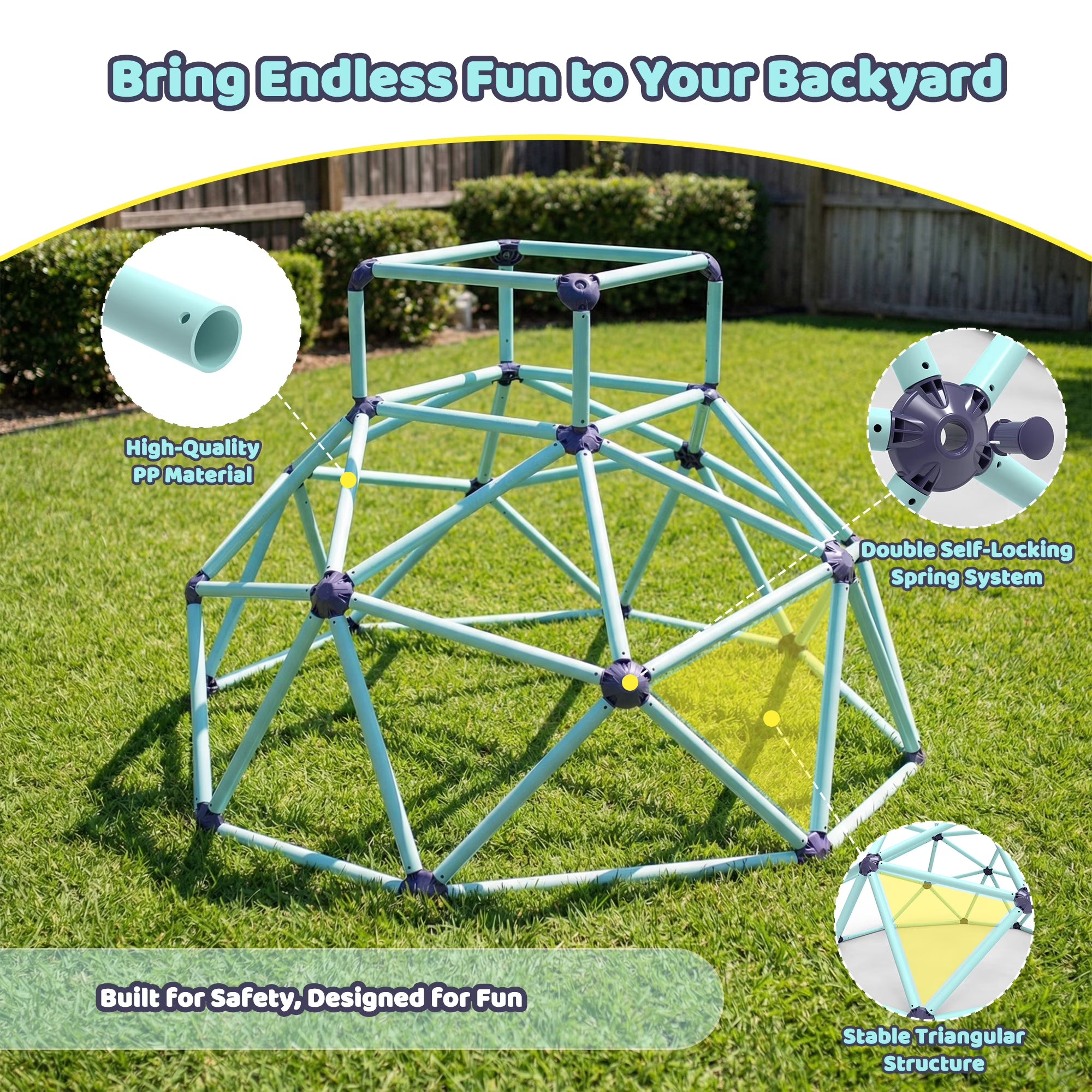 Kdymod 6ft Climbing Dome with Top for Kids Ages 3-8, Indoor/Outdoor Jungle Gym Playset, Dual Safety-Lock Geometric Climber, Easy Assembly Backyard Playground Equipment, Blue.