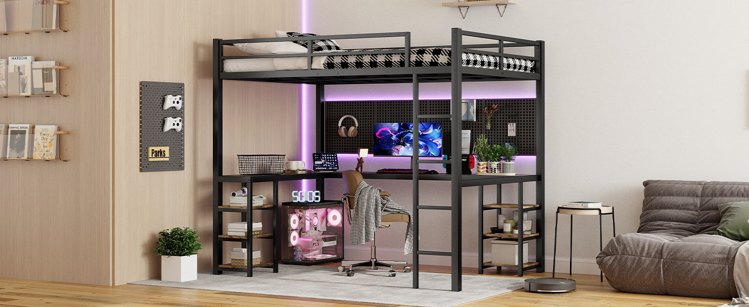 Uiowio Full XL Metal Loft Bed with L-Shaped Desk Underneath & 6 Shelves & Storage, Space-Saving Bed Frame with Built-in Ladder & Safety Guardrail, for Teens