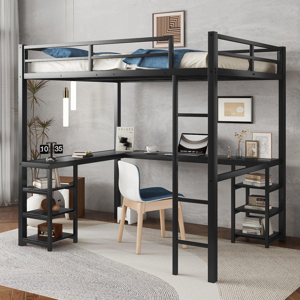 Uiowio Full Metal Loft Bed with L-Shaped Desk Underneath & 6 Shelves & Storage, Space-Saving Bed Frame with Built-in Ladder & Safety Guardrail, for Teens