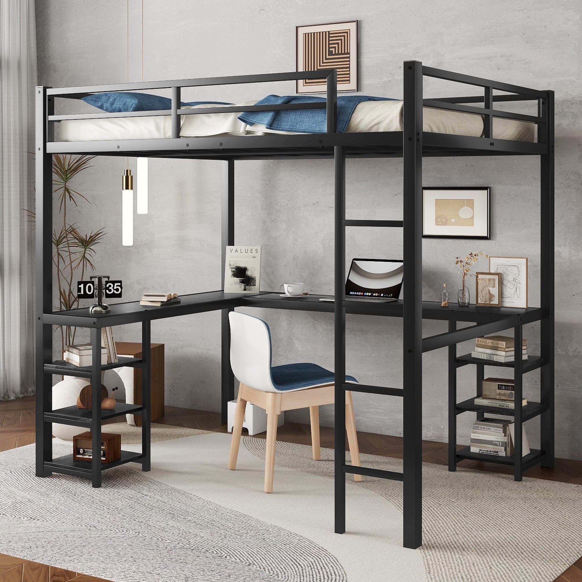Uiowio Full Metal Loft Bed with L-Shaped Desk Underneath & 6 Shelves & Storage, Space-Saving Bed Frame with Built-in Ladder & Safety Guardrail, for Teens
