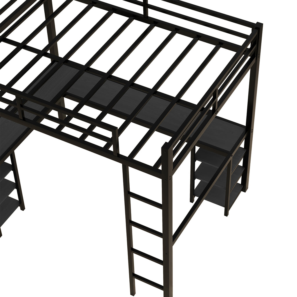 Uiowio Full Metal Loft Bed with L-Shaped Desk Underneath & 6 Shelves & Storage, Space-Saving Bed Frame with Built-in Ladder & Safety Guardrail, for Teens