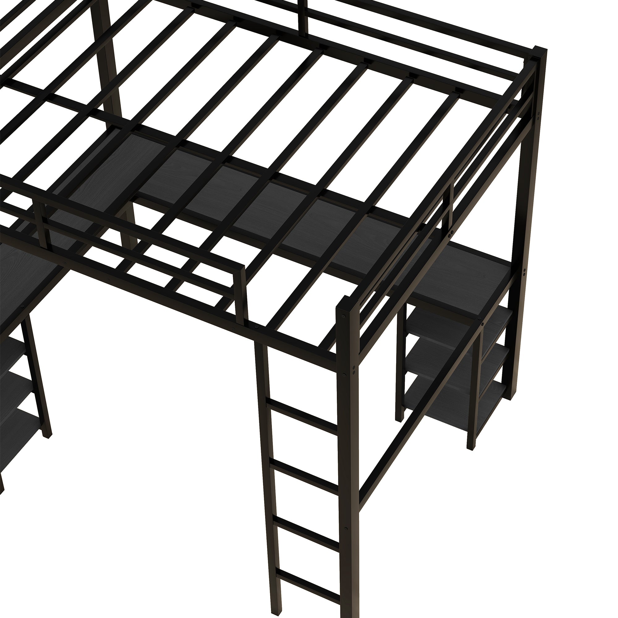 Uiowio Full Metal Loft Bed with L-Shaped Desk Underneath & 6 Shelves & Storage, Space-Saving Bed Frame with Built-in Ladder & Safety Guardrail, for Teens