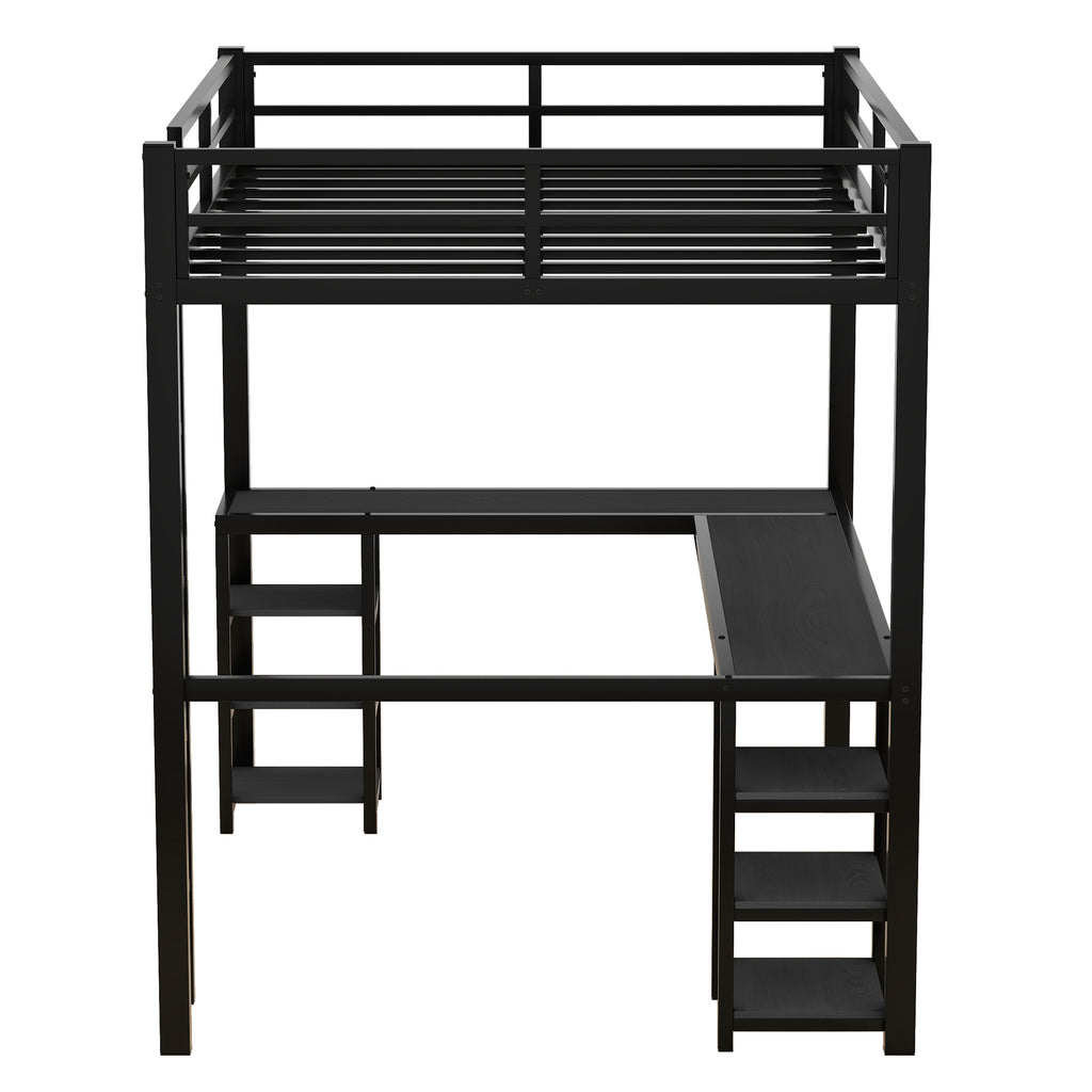 Uiowio Full Metal Loft Bed with L-Shaped Desk Underneath & 6 Shelves & Storage, Space-Saving Bed Frame with Built-in Ladder & Safety Guardrail, for Teens