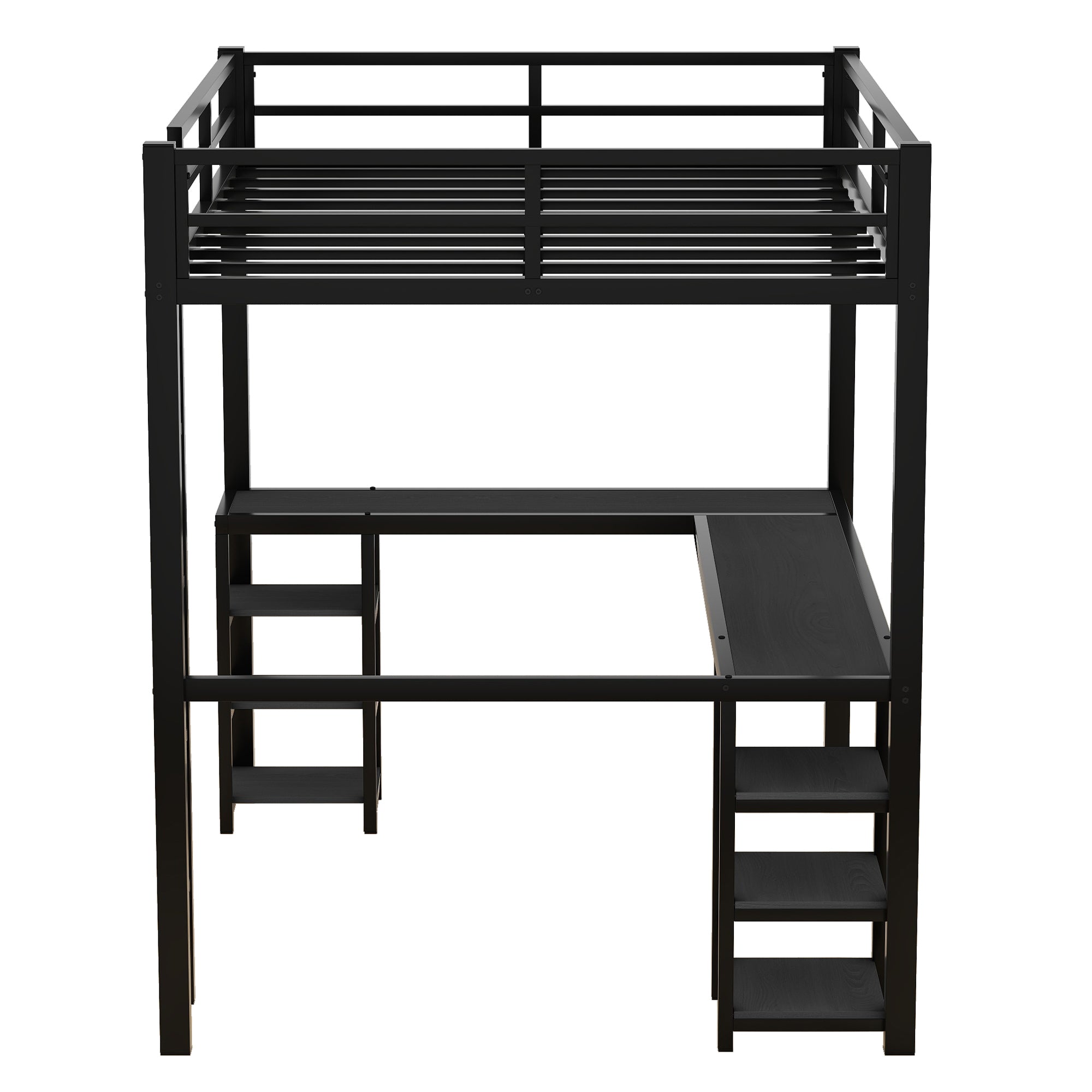 Uiowio Full Metal Loft Bed with L-Shaped Desk Underneath & 6 Shelves & Storage, Space-Saving Bed Frame with Built-in Ladder & Safety Guardrail, for Teens