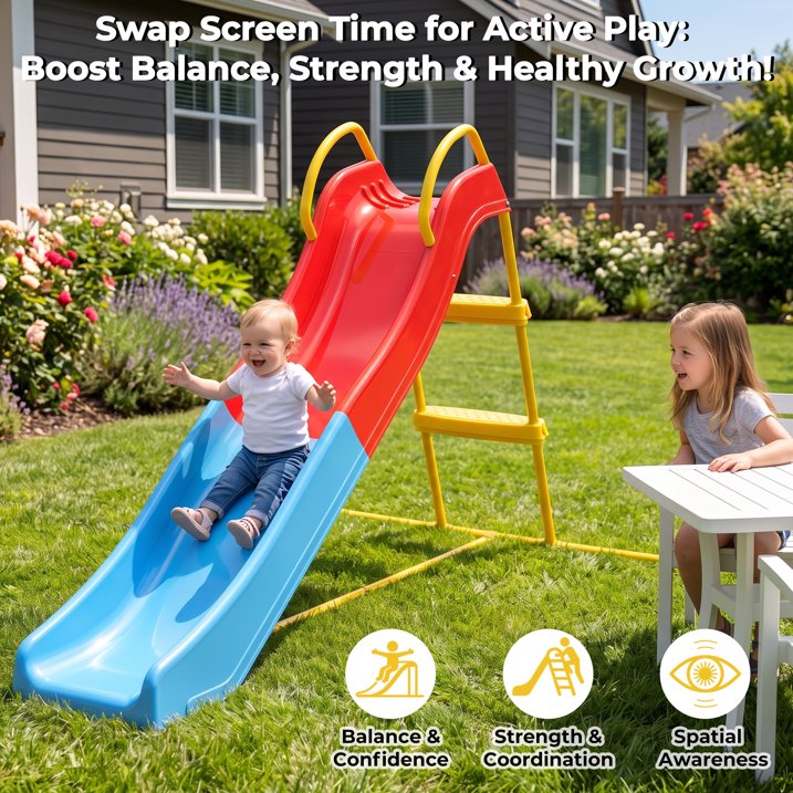 Kdymod 5.7FT Kid Outdoor Slide,Water Slide for Backyard with Ladder,Playground Freestanding Slide for Chlidren Birthday Gifts,Blue and Red