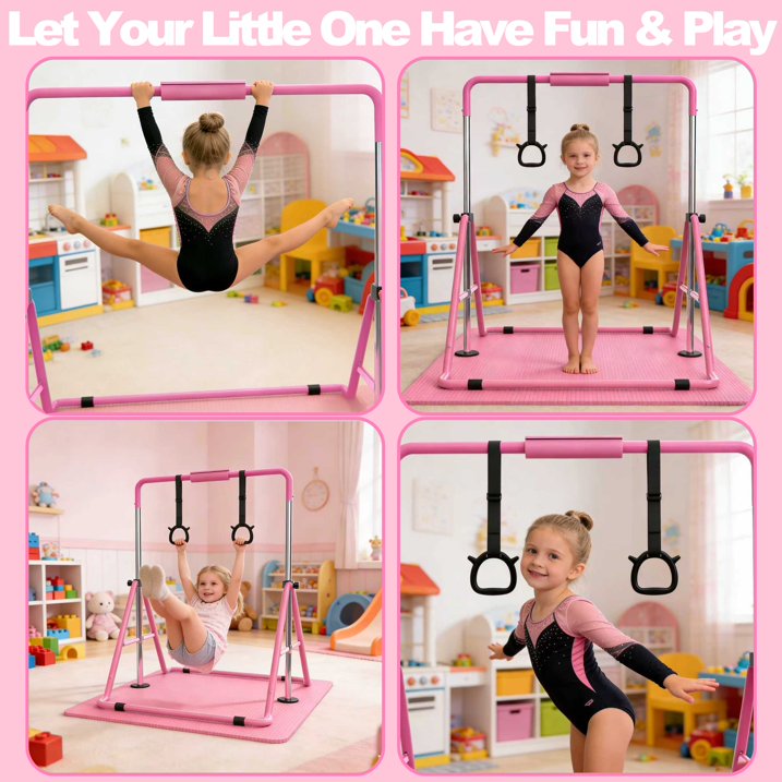 Kdymod Gymnastics Bar for Kid,Adjustable Height Kids Gymnastics Bar with Mat,Foldable Horizontal Junior Gymnastics Equipment Bar for Home Gym,Pink