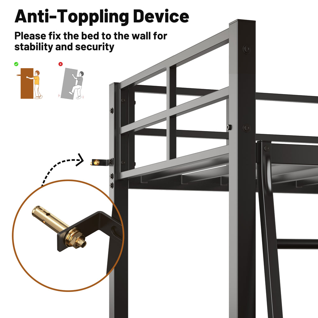 Uiowio Full Metal Loft Bed Frame with L-Shaped Desk & LED Lights & Charging Station, Loft Bed with 3 Fabric Drawers & 2 Storage Shelves, Safety Guard & Stairs, Black