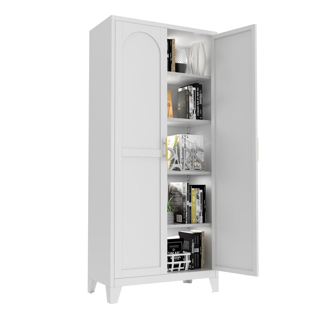 Uiowio 71" Height Metal Storage Cabinet, Modern Tall Steel Pantry Cupboard with 2 Shapely Doors and Adjustable Shelves for Kitchen Garage and Home, White