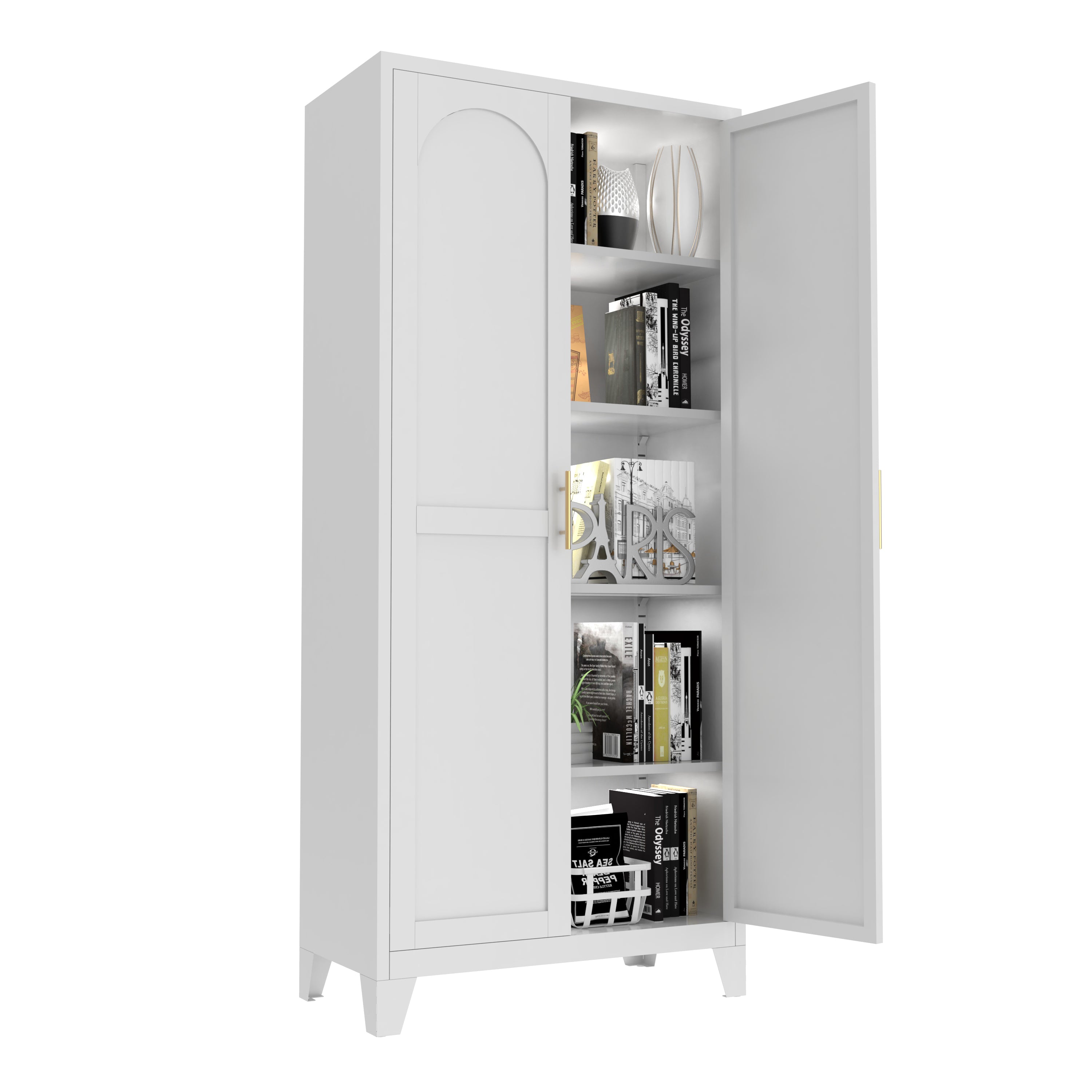 Uiowio 71" Height Metal Storage Cabinet, Modern Tall Steel Pantry Cupboard with 2 Shapely Doors and Adjustable Shelves for Kitchen Garage and Home, White