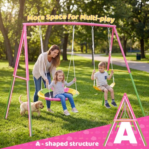 Kdymod Heavy Duty 440lbs Double Swing Set with Stand, Metal A-Frame Swing Set for Backyard, Includes 32" Saucer Disc & 26.2" Belt Seat, Outdoor Playset for Playground