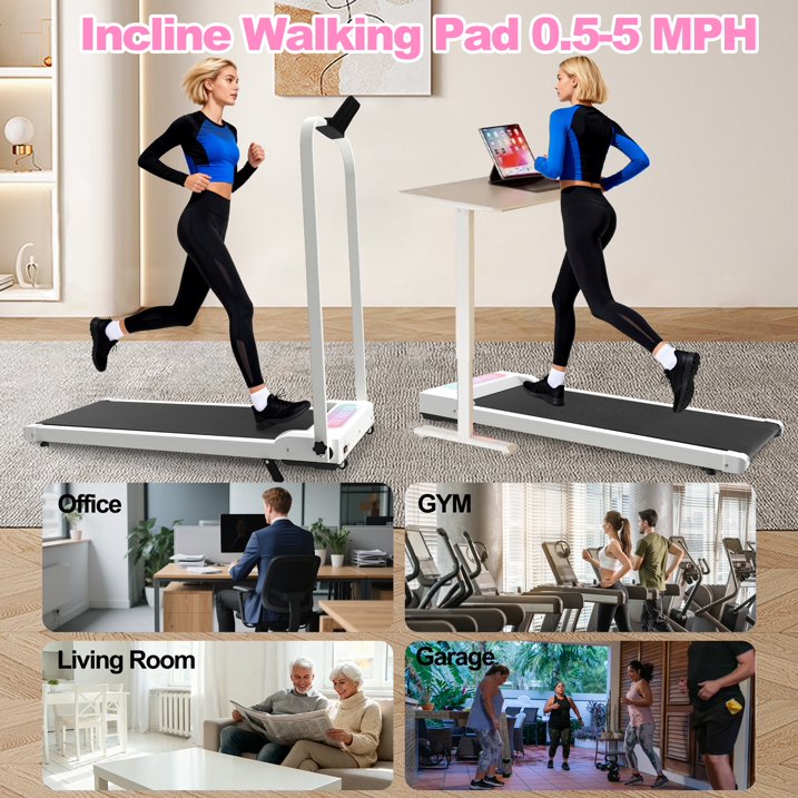 Kdymod Foldable Treadmill with Vibration Function,2 in 1 Walking Treadmill with Handle Bar & Incline,Under Desk Walking Pad with LED Display & Remote,300 Lbs Capacity,White